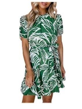 THML Green and White Leaf-Print Tie-Waist Mini Dress